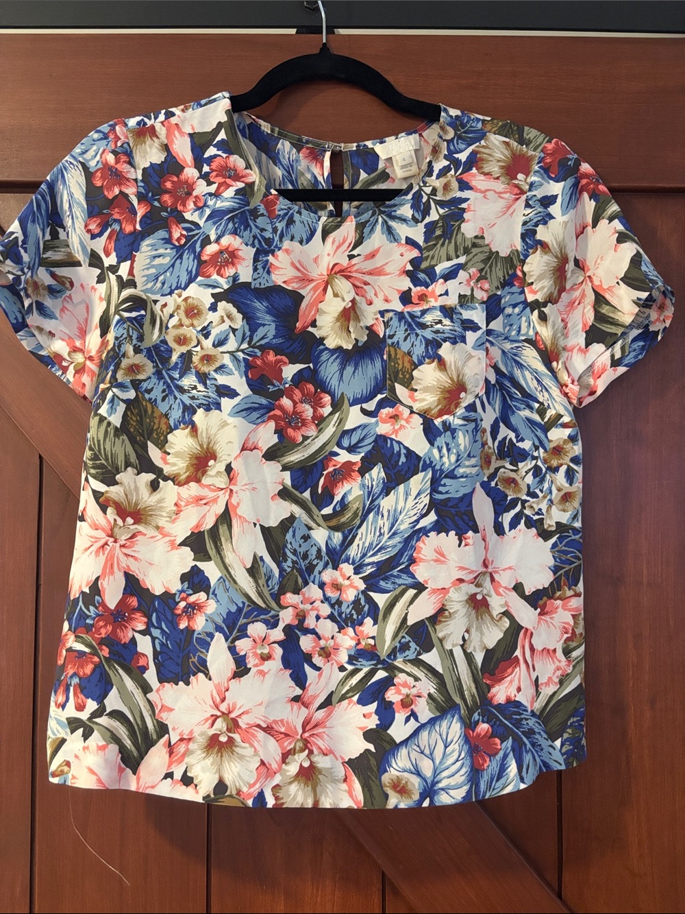 J. Crew Floral Short Sleeve Top in Blue, Pink & Cream
